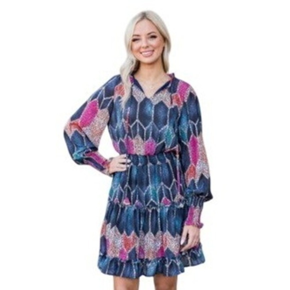 Mulla‎ Patchwork Colorful Tiered Women's size Small Cheetah Print Smocked Dress